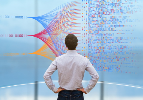 Adult man analyzing complex dataset using artificial intelligence.